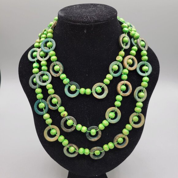 Coconut Circles and Wooden Beaded Necklace 56 Inch Long - Picture 1 of 5